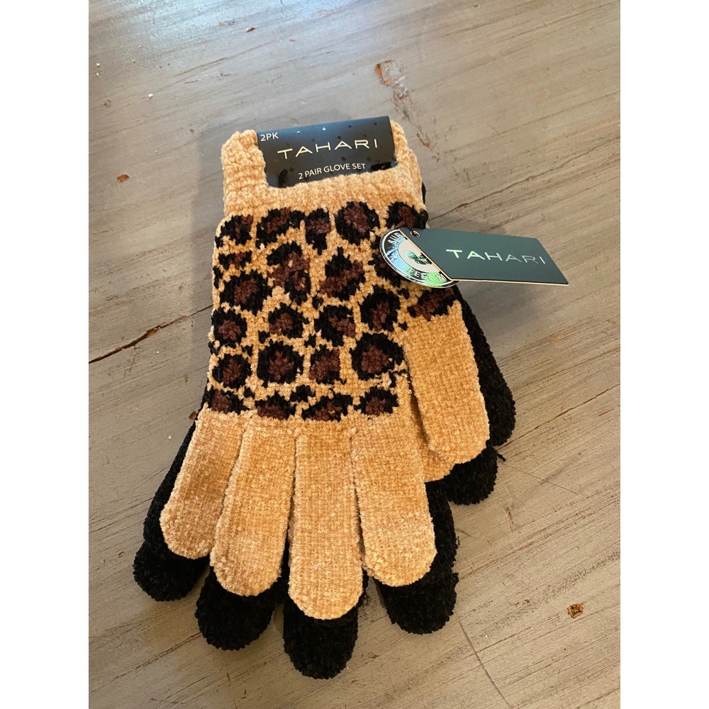 Tahari 2 Pack Glove Set Black and Leopard Print One Size TAWGL1984 NEW
